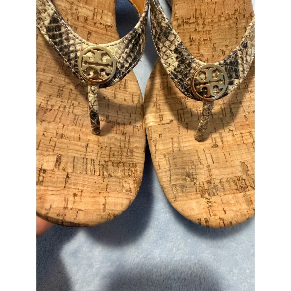 Tory Burch Miller Snakeskin Cork Wedge Sandals Platform Gold Logo Brown 10 1/2M